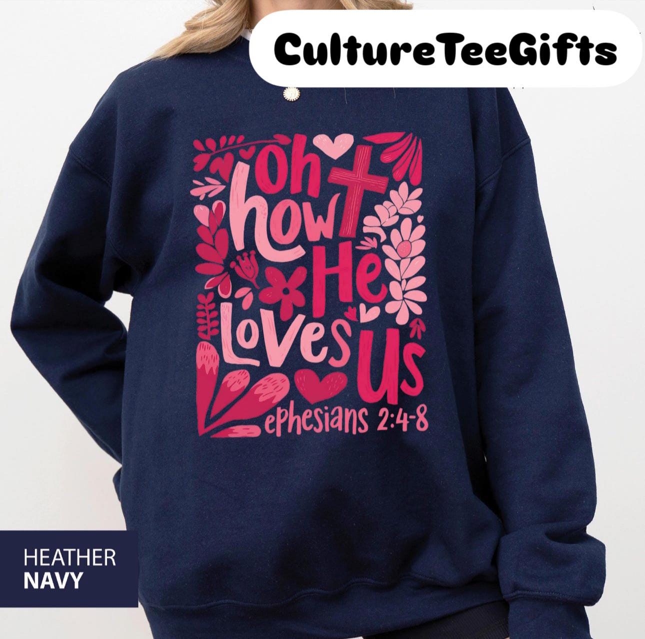 a woman wearing a sweatshirt with a bible verse on it
