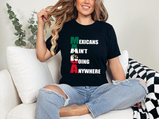 a woman sitting on a couch wearing a t - shirt that says mexicans,