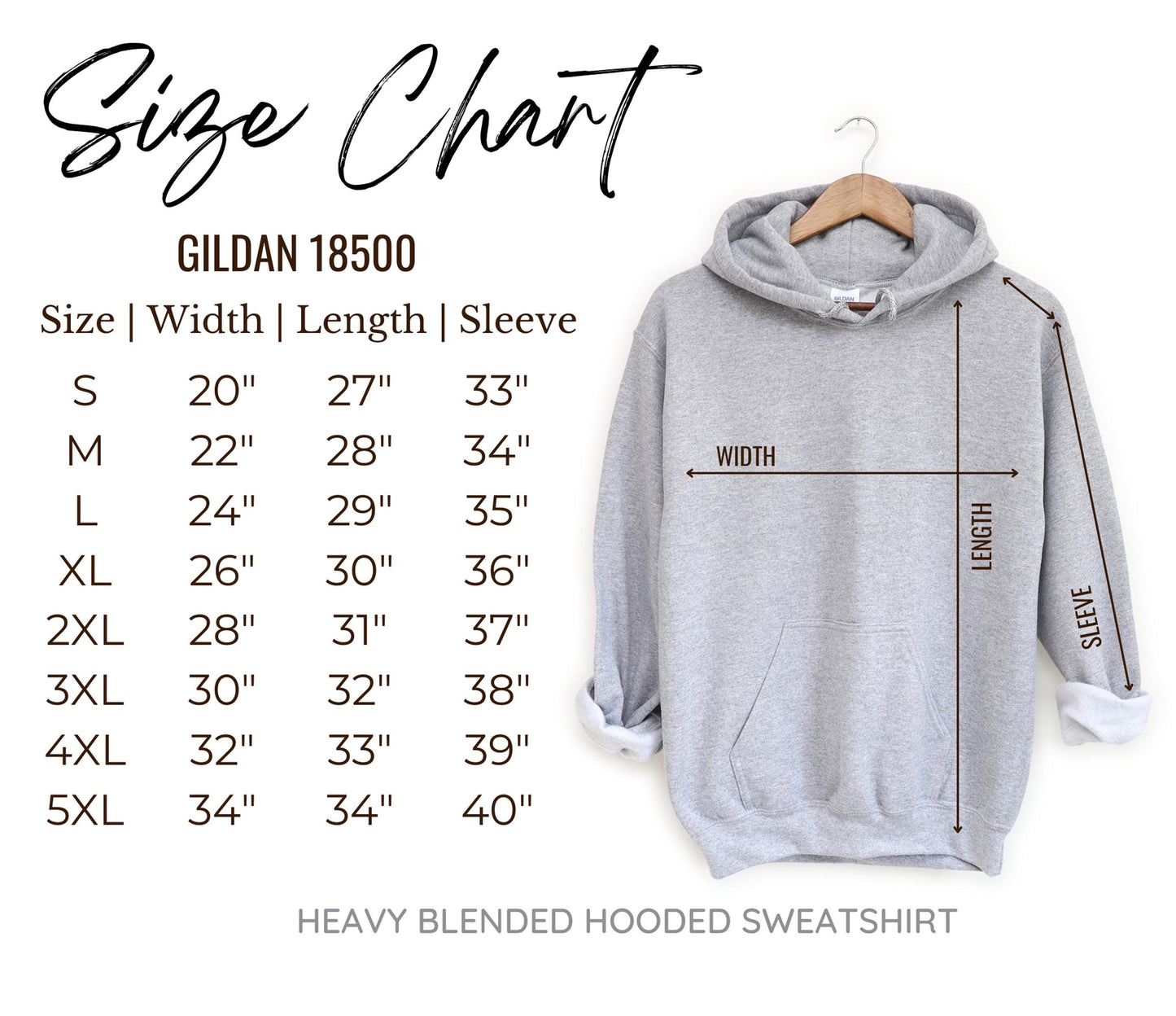 a size chart for a sweatshirt with measurements
