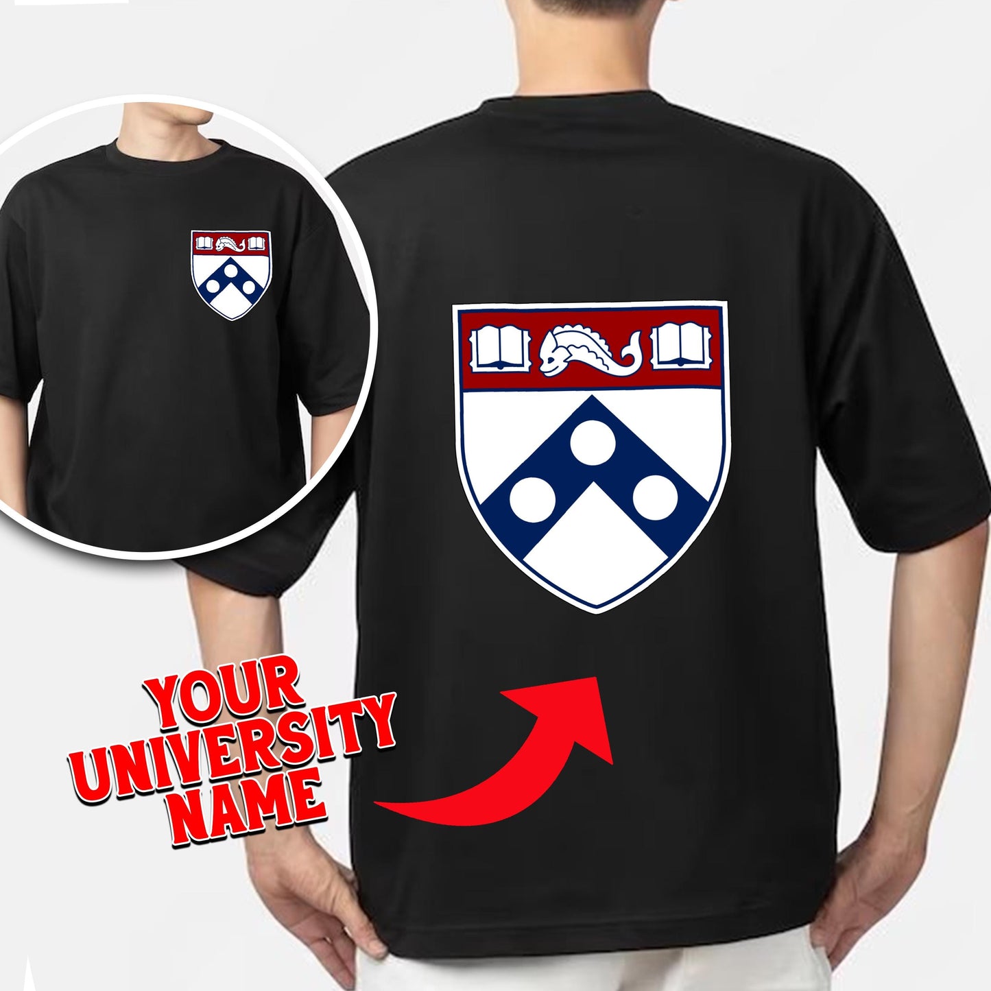 a man wearing a black tshirt with a red arrow