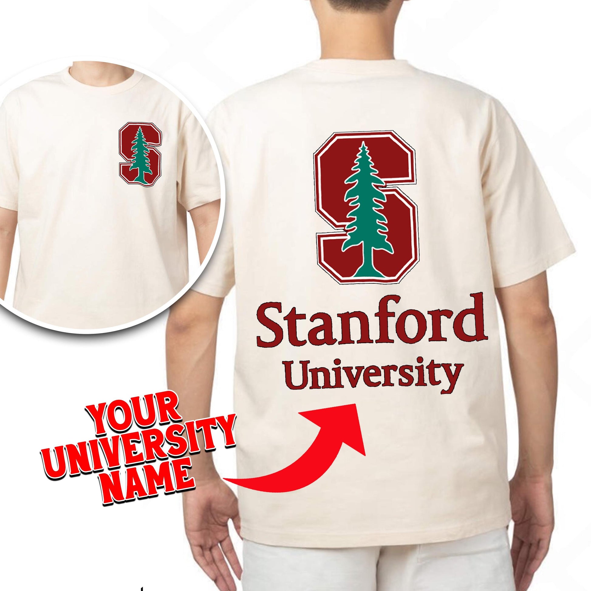 a young man wearing a stanford university t - shirt