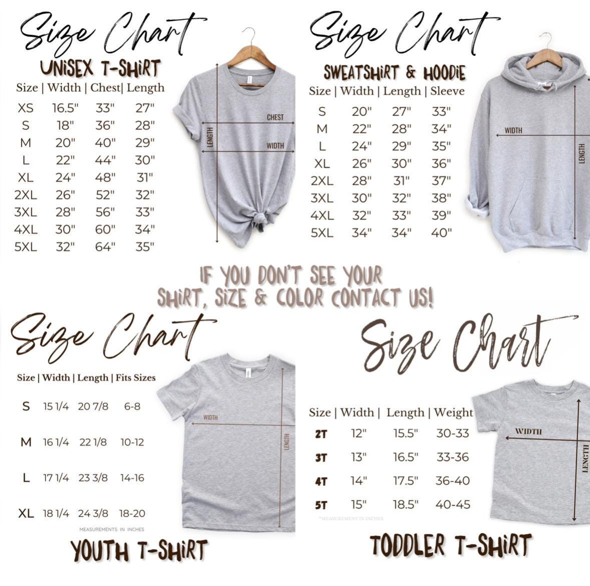 the size chart for a hoodie and t - shirt