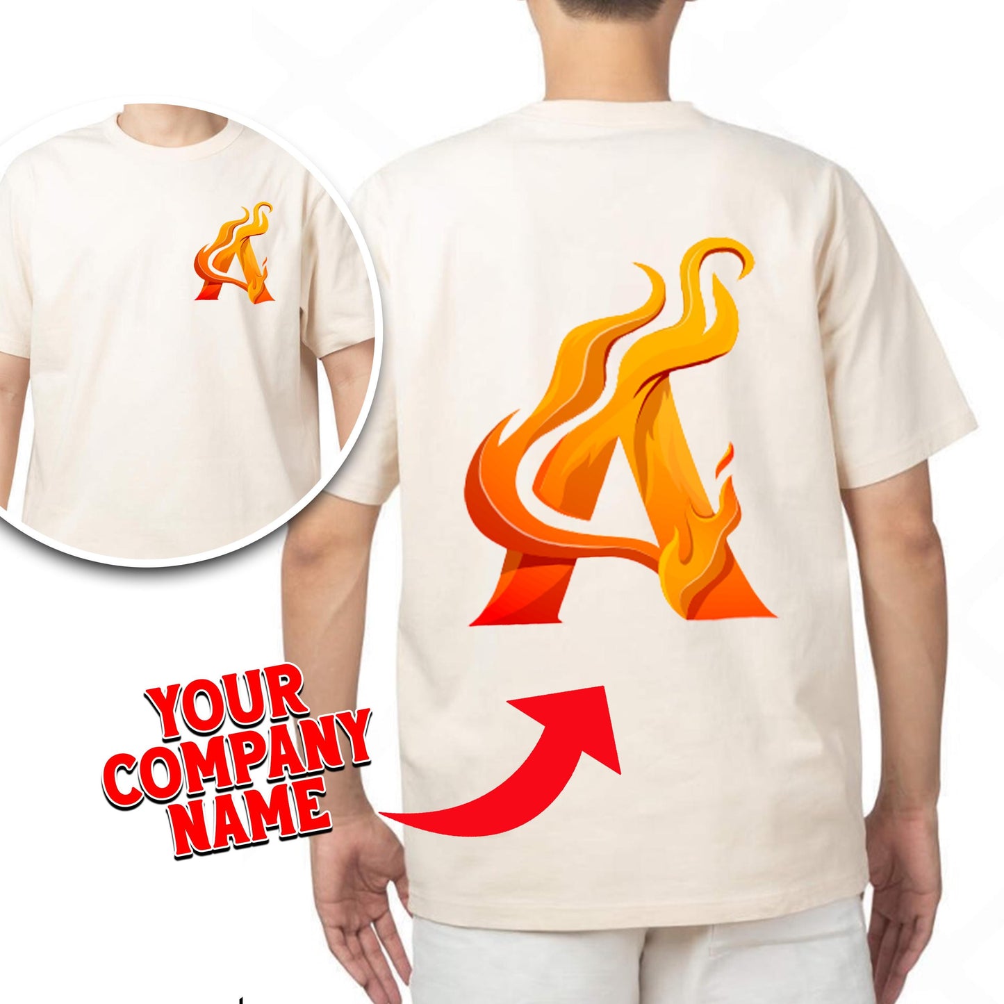a young man wearing a white t - shirt with a red arrow on it