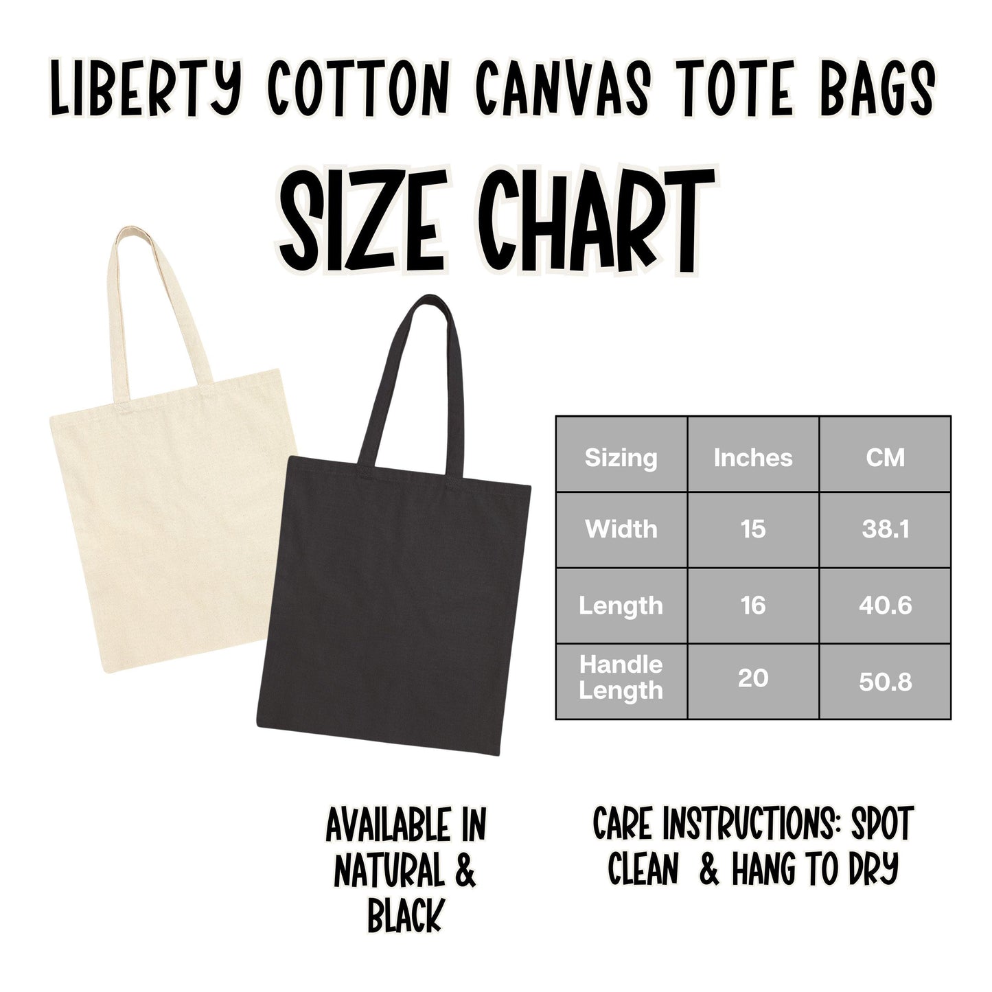a tote bag size chart with measurements
