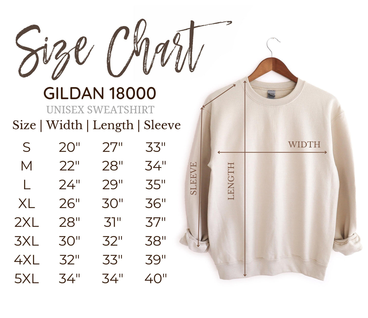 a white sweatshirt with measurements for a size chart