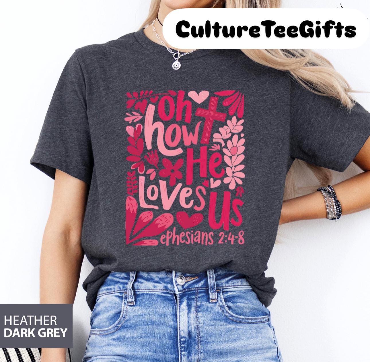 a woman wearing a christian t - shirt with the words, god, he loves
