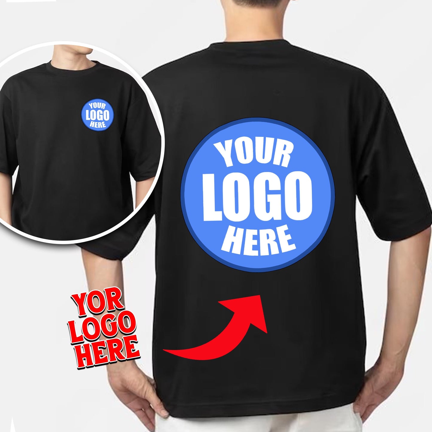 a man wearing a black t - shirt with a blue circle and a red arrow